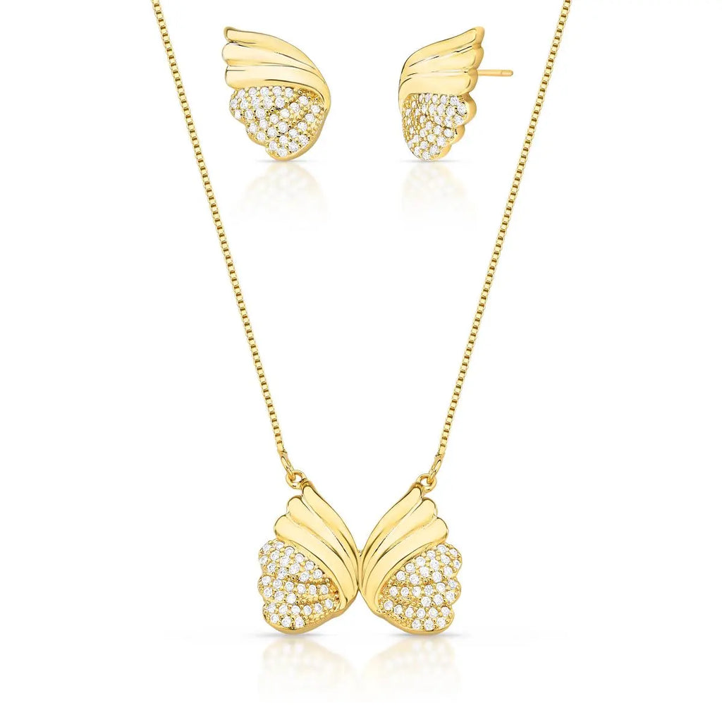 Conjunto Brinco e Corrente com Pingente Asa Banhada a Ouro