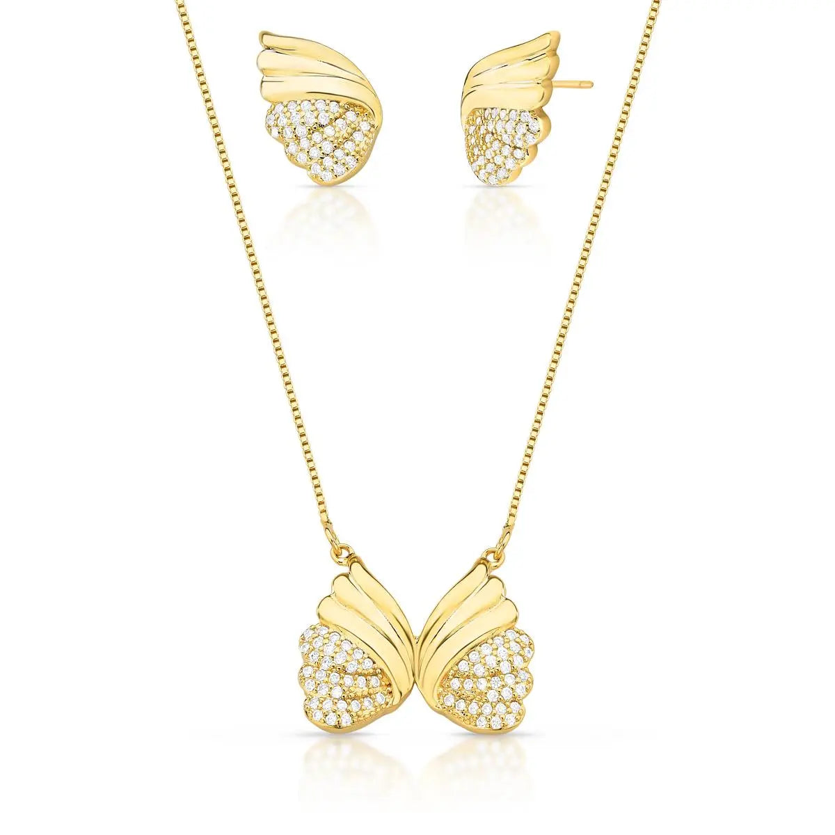 Conjunto Brinco e Corrente com Pingente Asa Banhada a Ouro