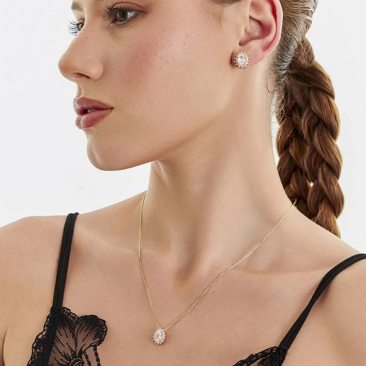 Conjunto Brinco e Colar com Cristal Oval e Zircônias