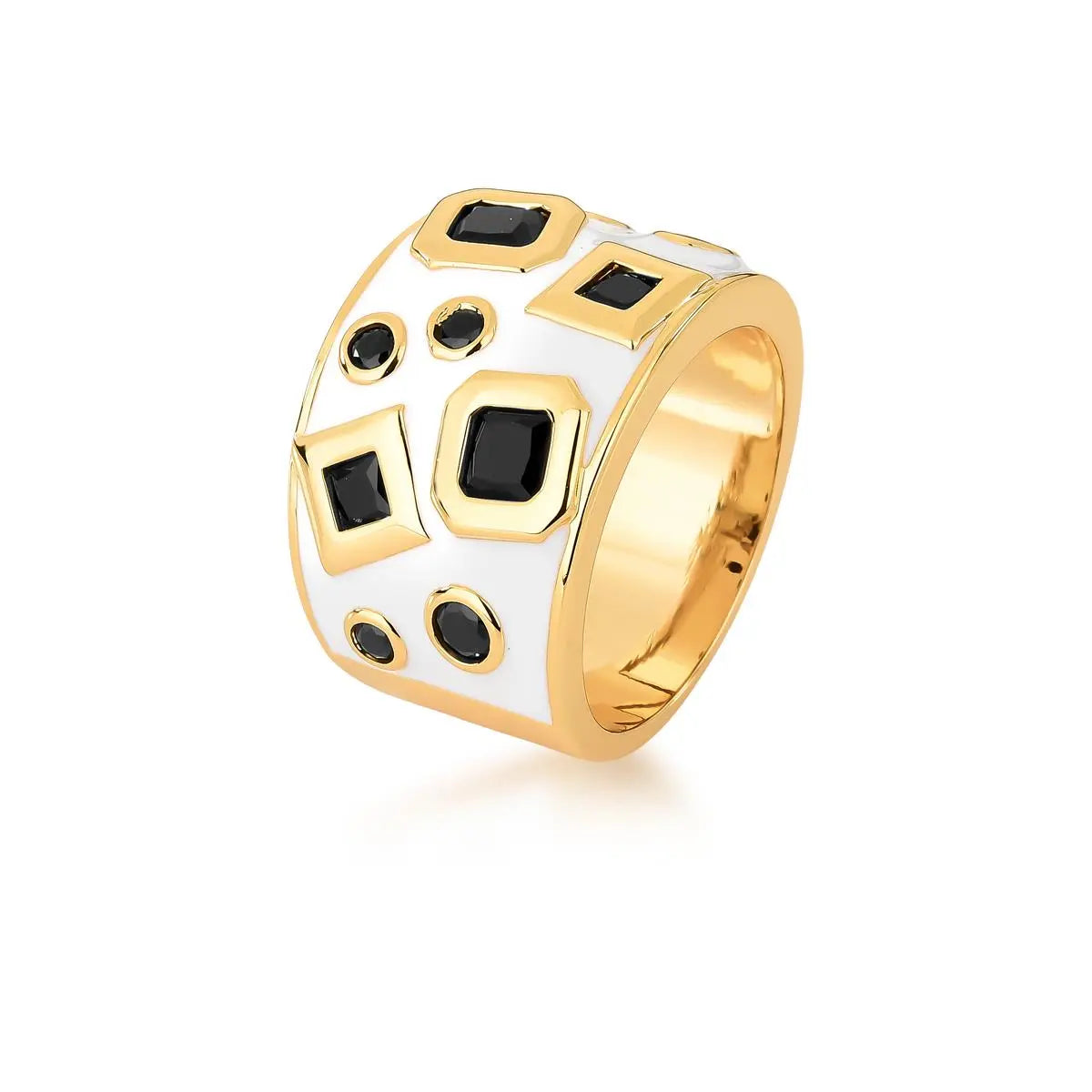 Anel Folheado a Ouro Esmaltado com Cristais Geométricos