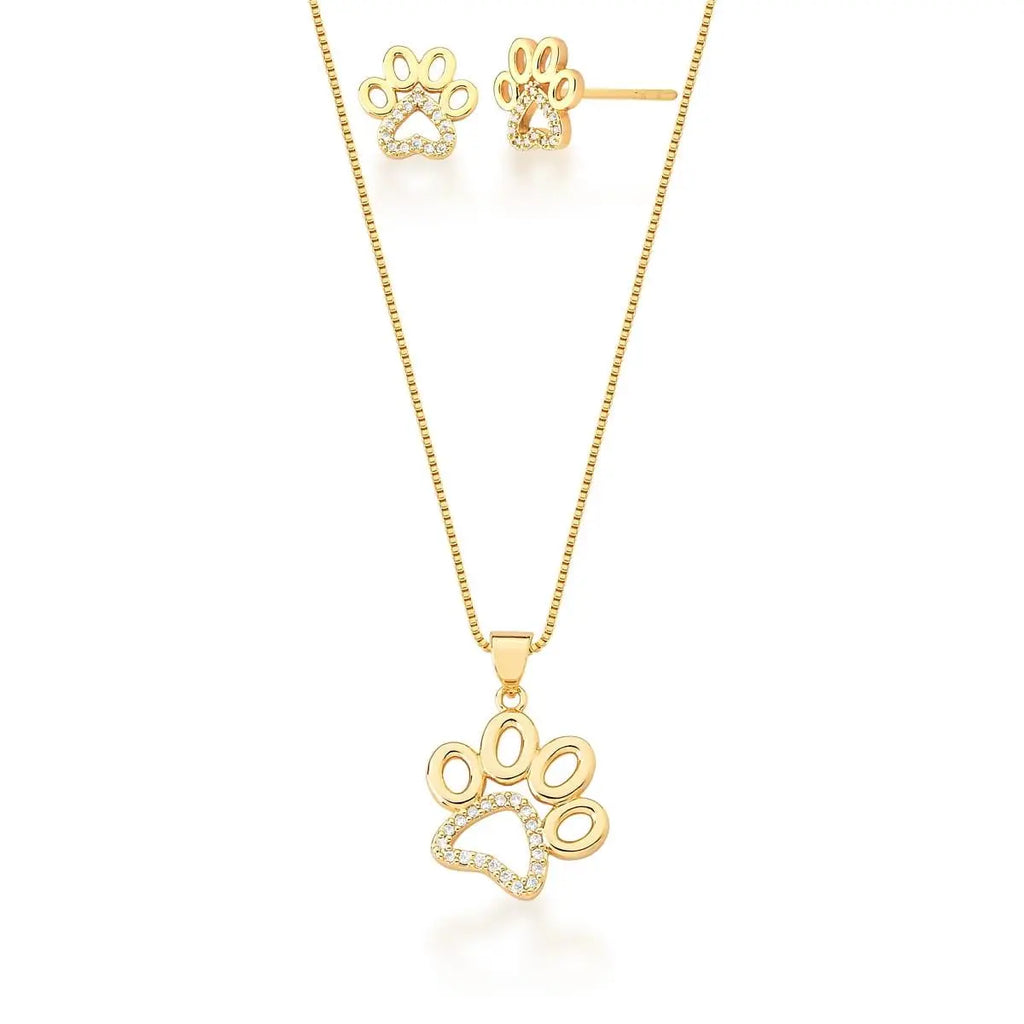 Conjunto Brinco e Corrente com Pingente Pata Banhado a Ouro