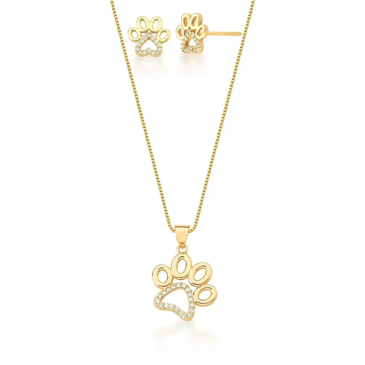Conjunto Brinco e Corrente com Pingente Pata Banhado a Ouro