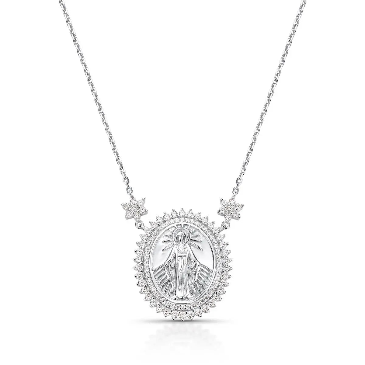 Colar de Prata 925 de N. Sra das Graças em Pedras Moissanites
