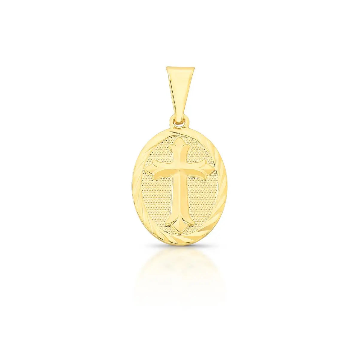 Pingente Folheado a Ouro de Cruz Oval Texturizado Liso