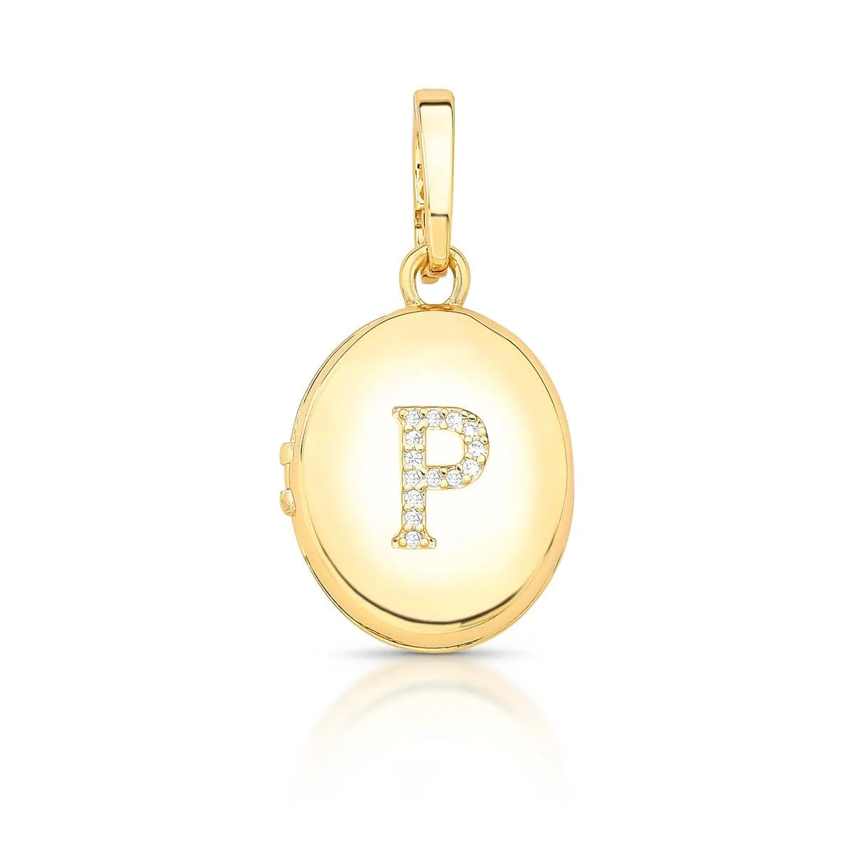 Pingente Folheado a Ouro Relicário Oval com Fecho e Letra"P" com Zircônias