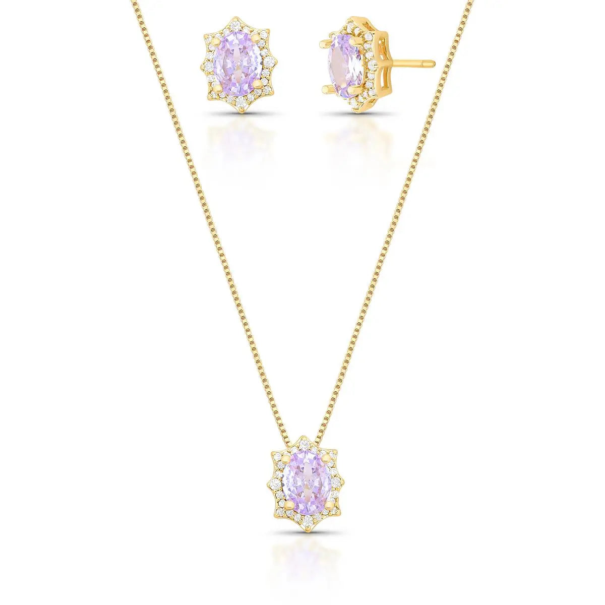 Conjunto Brinco e Colar com Cristal Oval e Zircônias