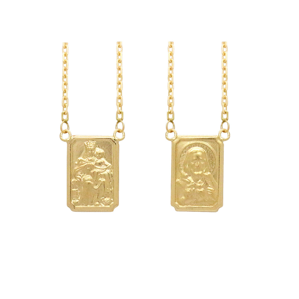 Escapulário de Elos da Rainha Desquinada Bitola 1,60 mm Imagem Retangular Grande Face Dupla em Ouro 18K