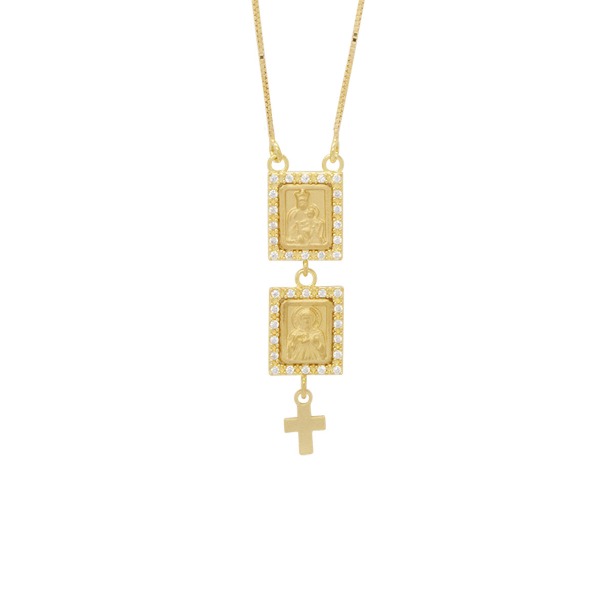 Escapulário Veneziana Bitola 0,50 mm Imagem Retangular Pequena Face Simples Cravejada Zircônias em Ouro 18K