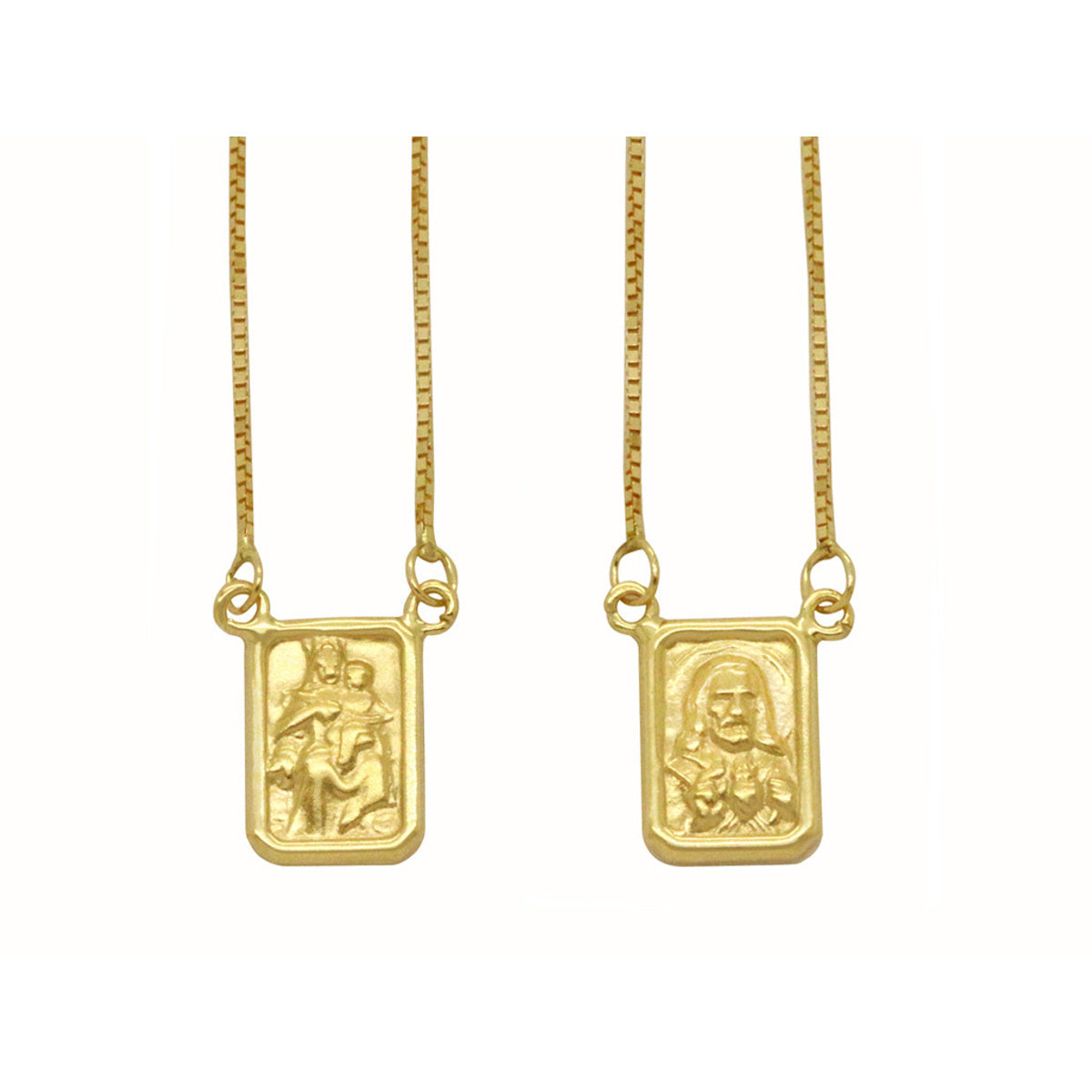 Escapulário Veneziana Bitola 0,60 mm Imagem Retangular Pequena Face Dupla em Ouro 18K