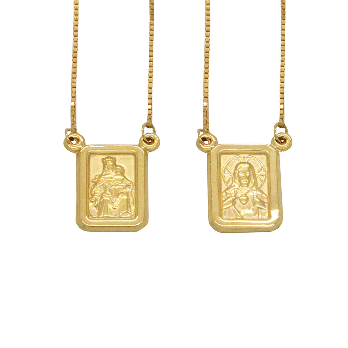 Escapulário Veneziana Bitola 0,70 mm Imagem Retangular Média Face Dupla em Ouro 18K