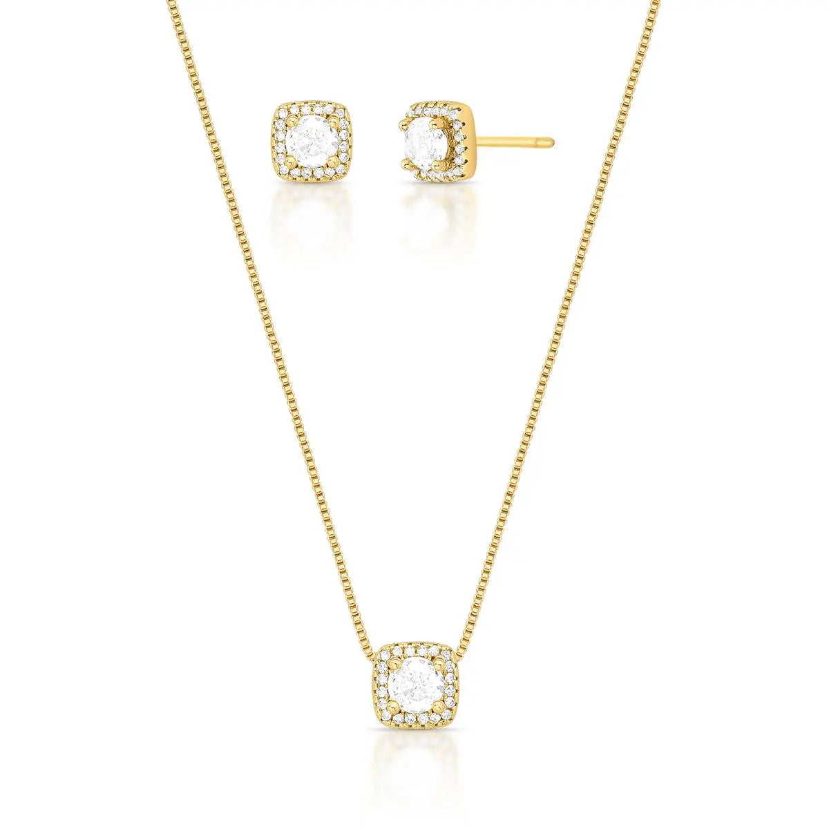 Conjunto de Brinco e Colar com Pingente Quadrado e Cristal
