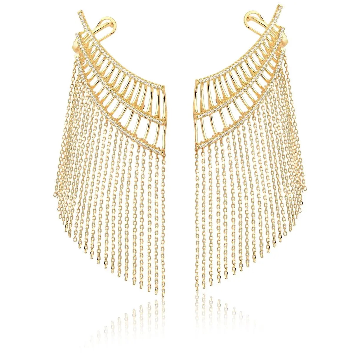 Brinco Ear Folheado a Ouro Cuff Cravejado com Franjas Lisas