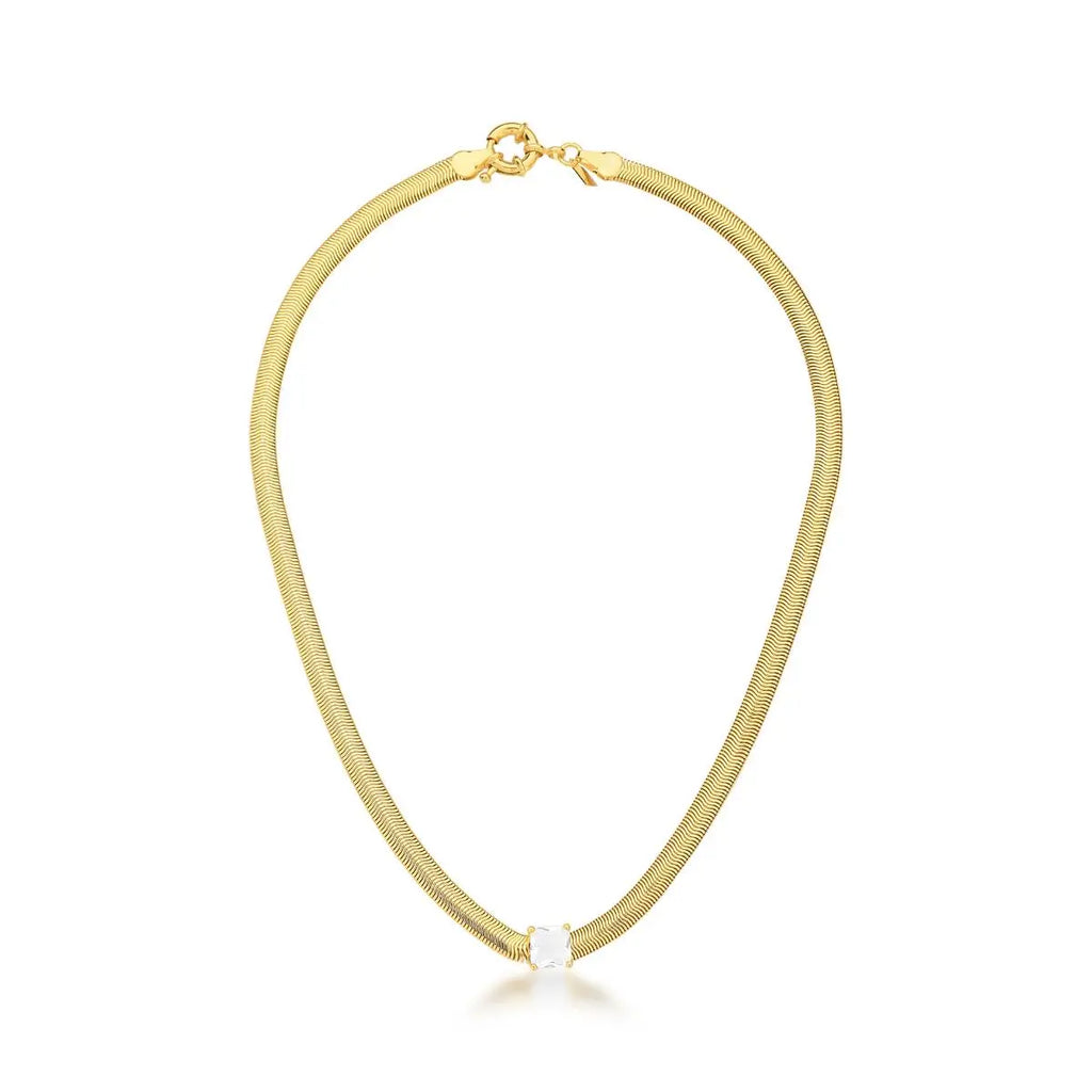 Colar Folheado a Ouro Malha Laminada com Cristal Quadrado
