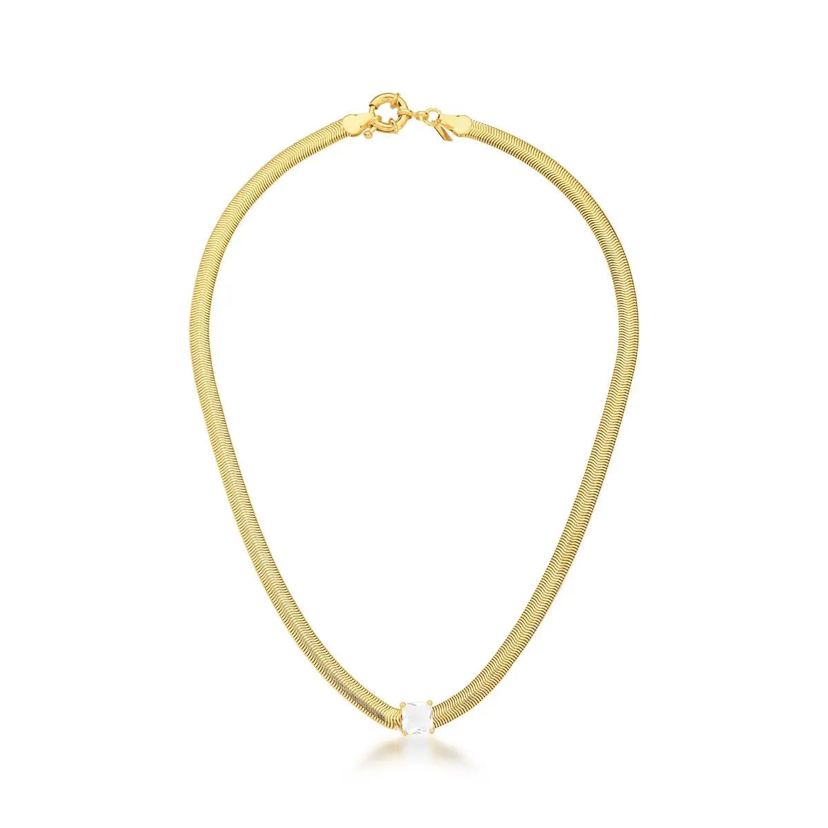 Colar Folheado a Ouro Malha Laminada com Cristal Quadrado