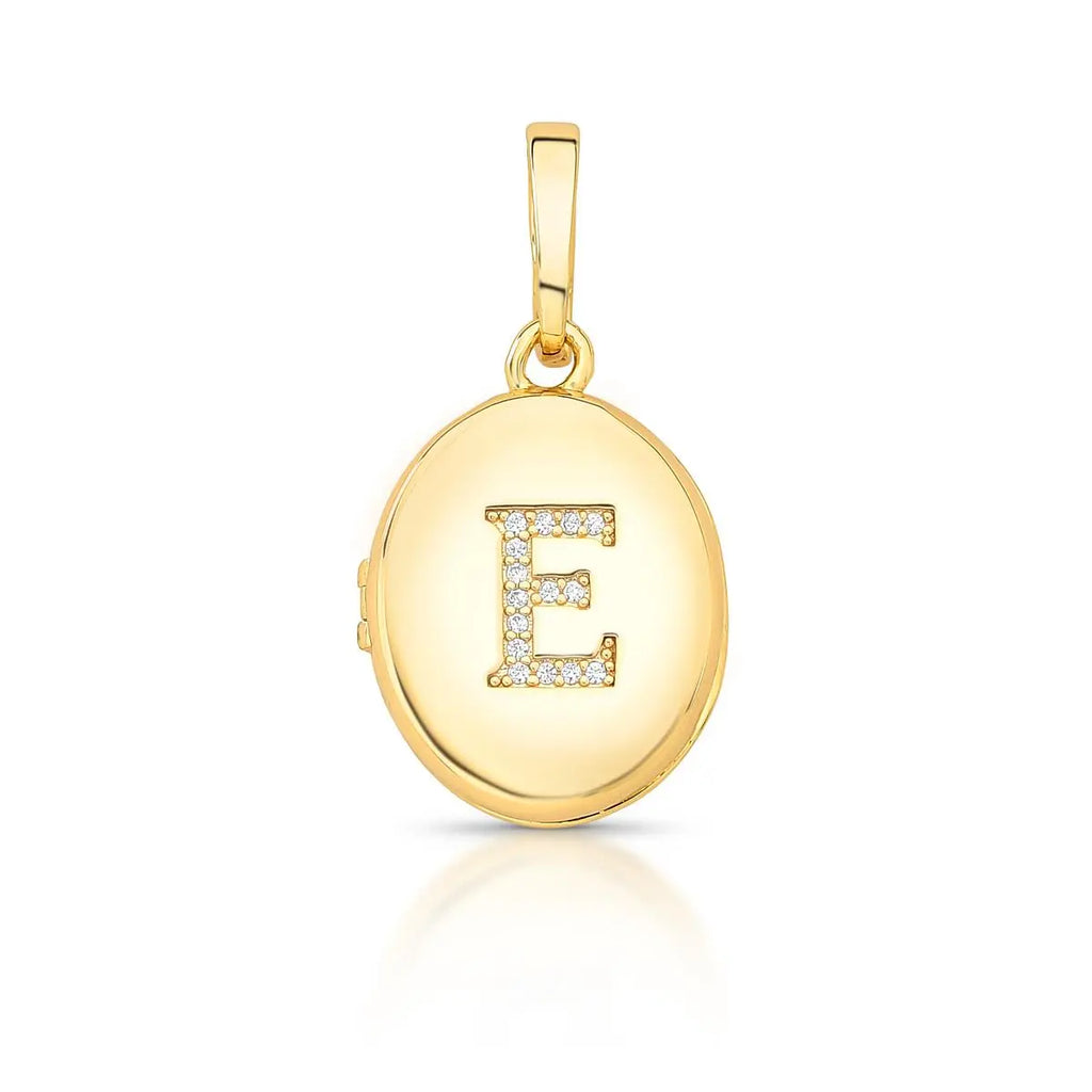 Pingente Folheado a Ouro Oval Relicário Letra "E" com Zircônias e Fecho