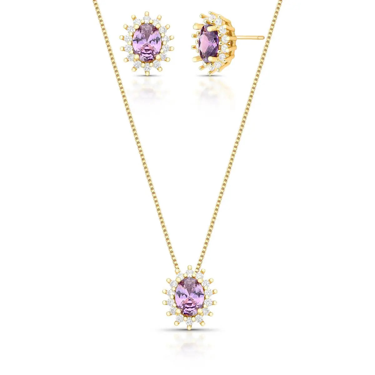 Conjunto Brinco e Colar com Cristal Oval e Zircônias