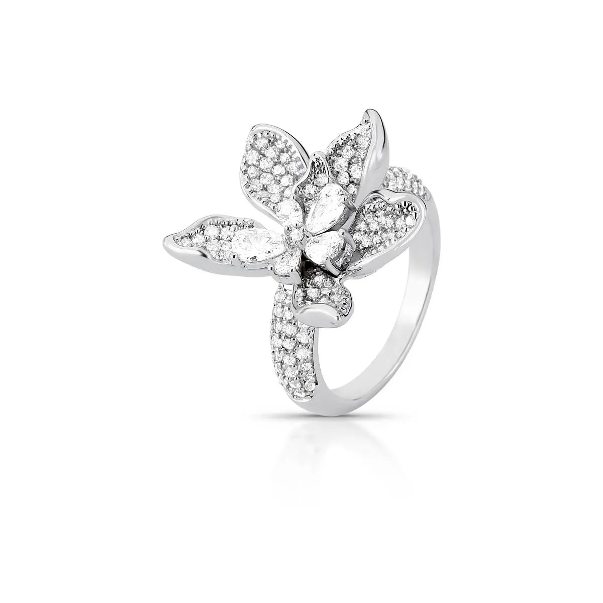 Anel Folheado a Ródio de Flor Curvo com Cristal e Zircônias