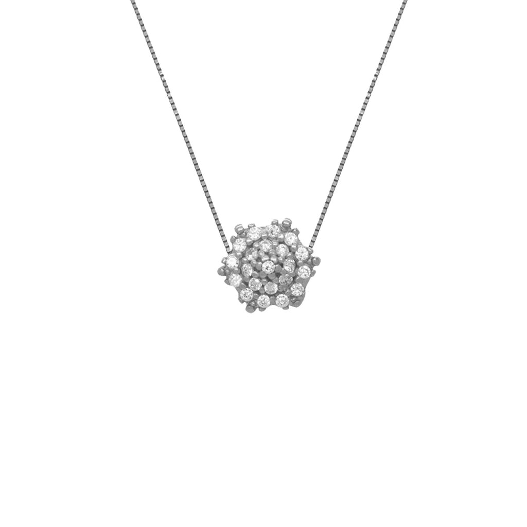 Gargantilha Veneziana Chuveiro Redondo Centro Elevado Cravejado Zircônias em Ouro Branco 18K