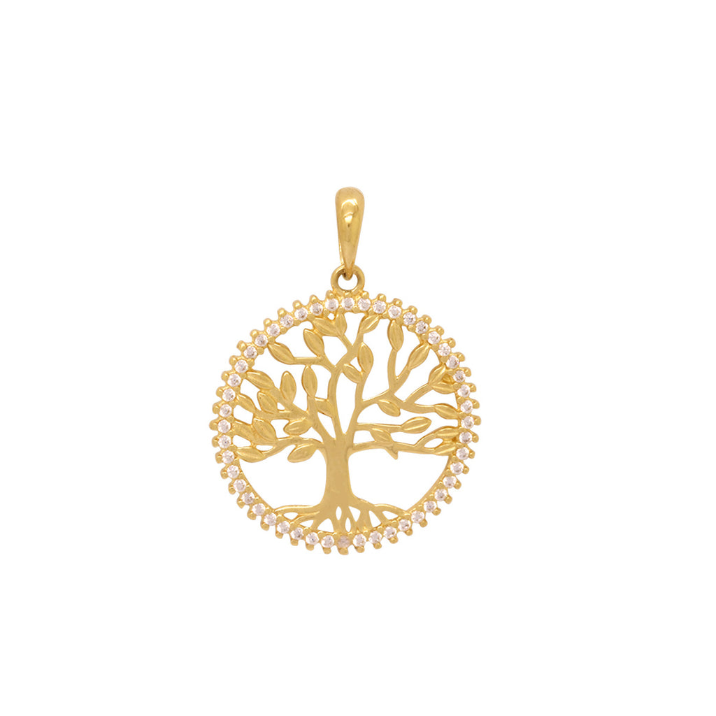 Pingente Árvore Trabalhada Borda Cravejada Zircônias em Ouro 18K