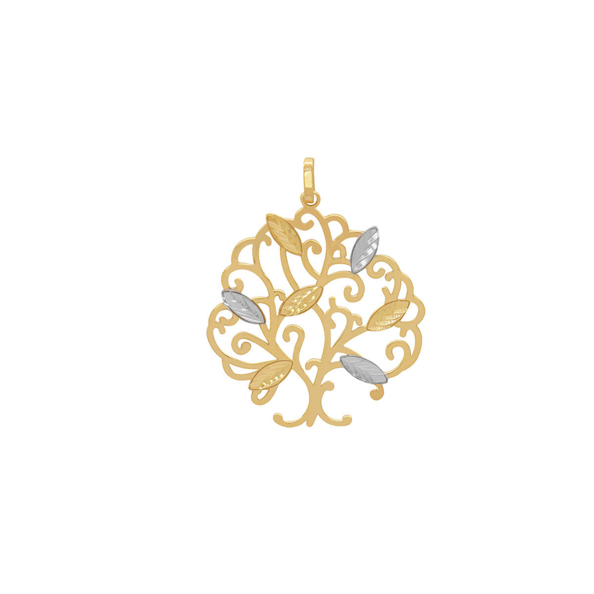 Pingente Árvore Vazada Folhas Diamantadas em Ouro 18K