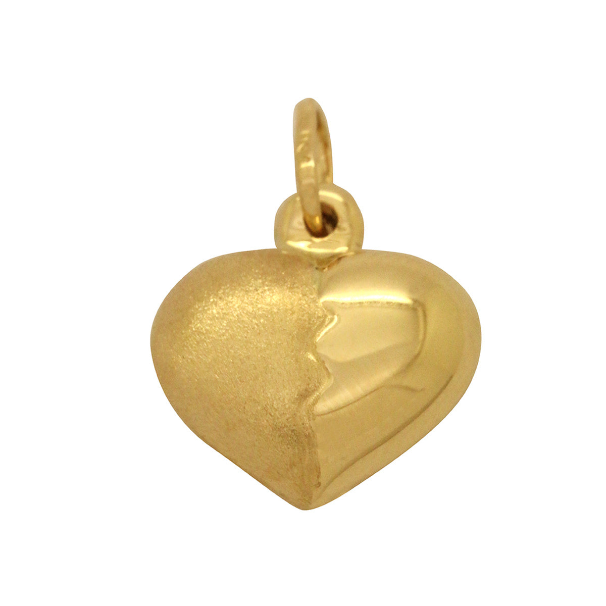 Pingente Coração Oco Trabalhado Metade Fosco e Liso Feminino em Ouro 18K