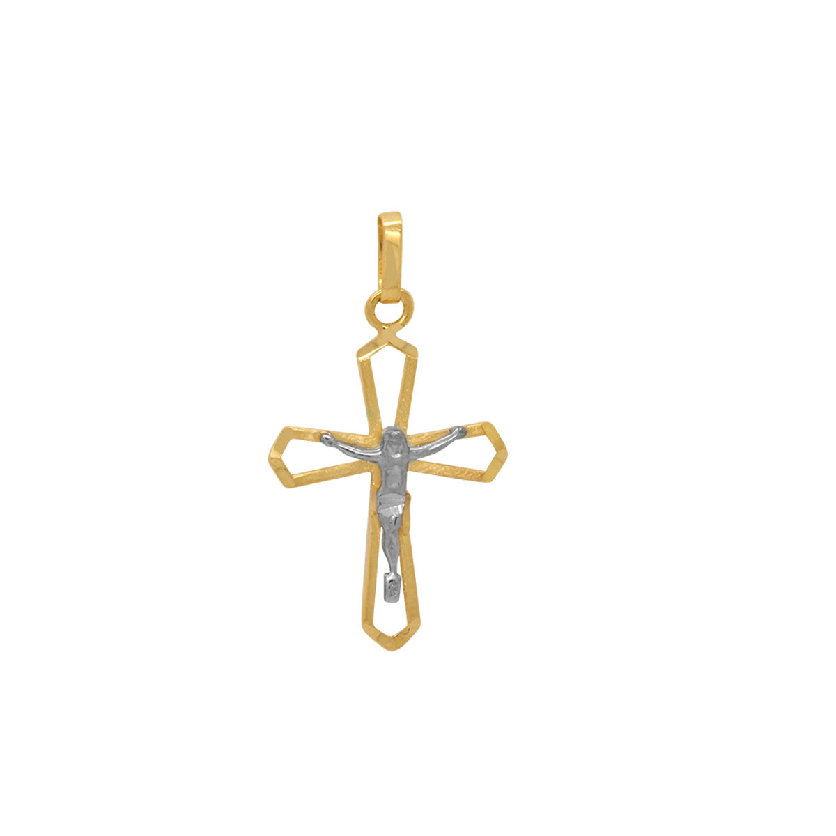 Pingente Cruz Acetinada com Cristo Pontas Trabalhadas em Ouro 18K
