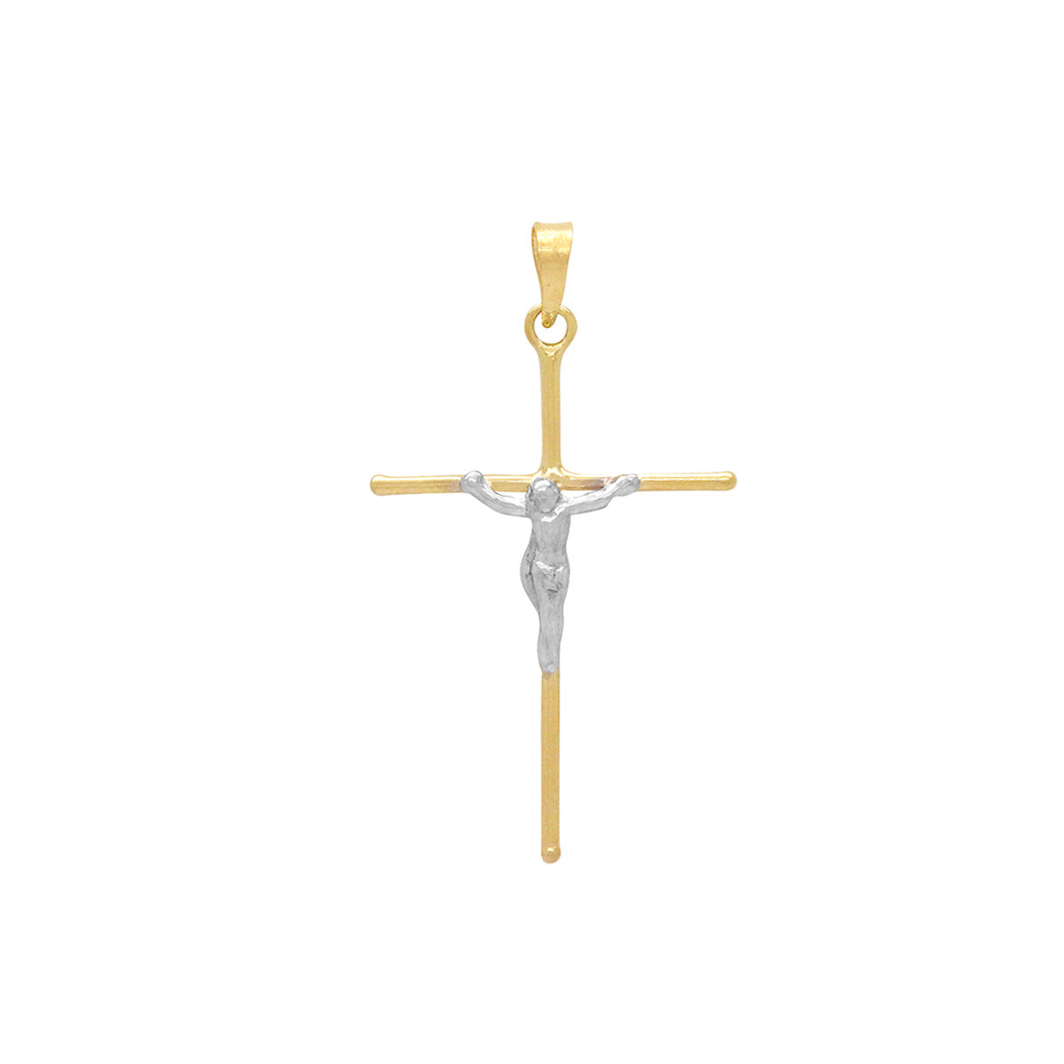 Pingente Cruz Palito Ponta Redonda com Cristo Rodinado Feminino em Ouro 18K
