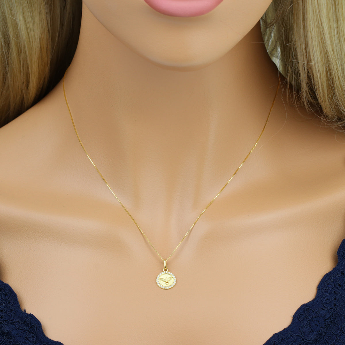 Pingente Espírito Santo Redondo Pequeno Borda Cravejada Zircônias em Ouro 18K
