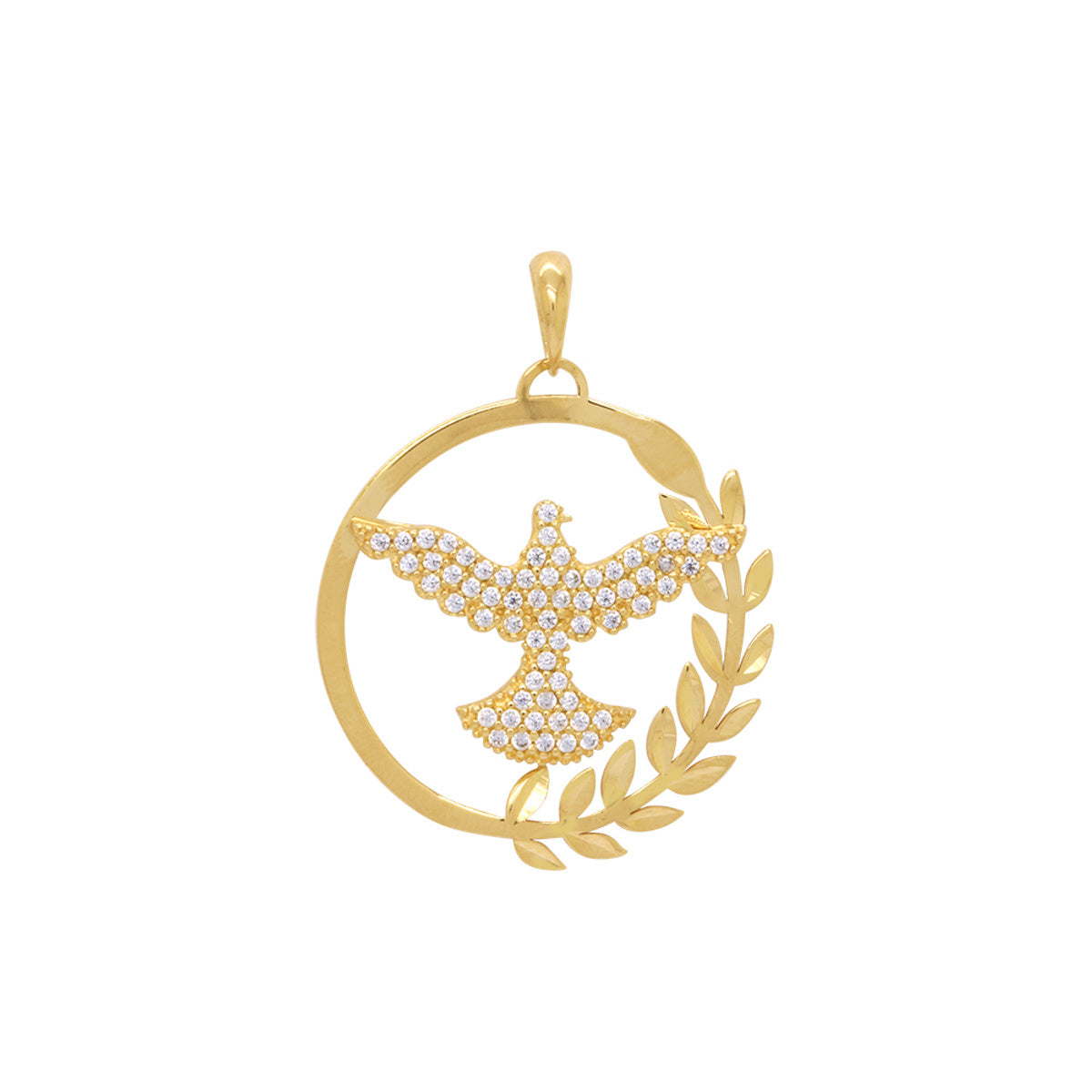 Pingente Espírito Santo Redondo Zircônias Lateral Ramo Cortes Diamantados em Ouro 18K