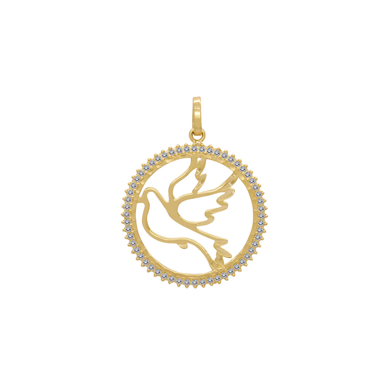 Pingente Espírito Santo Vazado Liso Redondo Borda Cravejada Zircônias em Ouro 18K