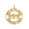 Pingente Mandala Redondo Vazado Trabalhado Fosco "Meus Filhos Minha Vida" 32 mm em Ouro 18K