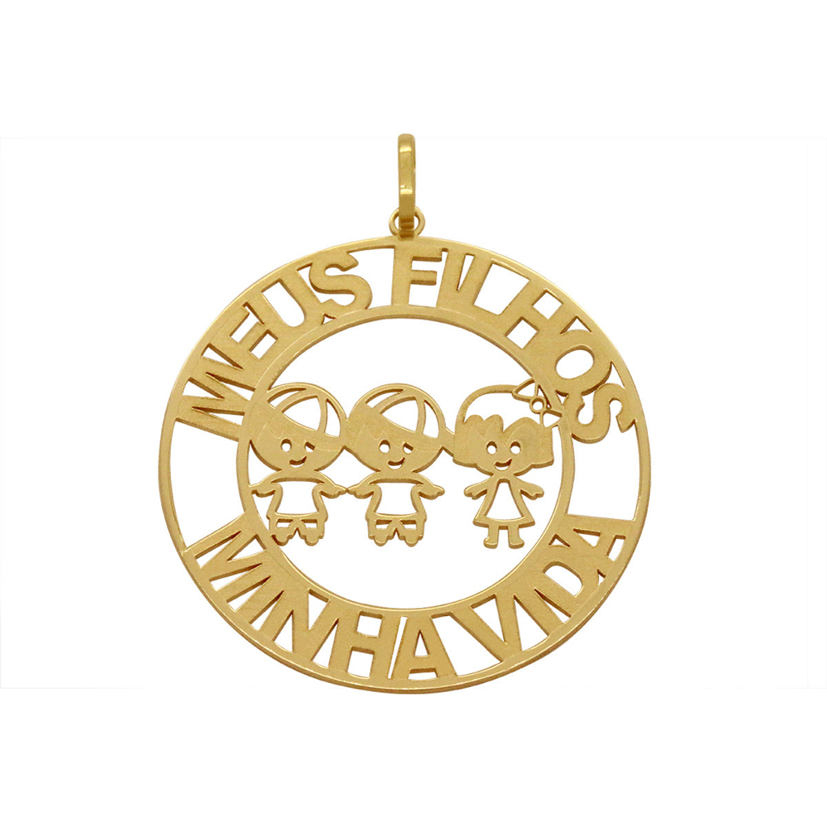 Pingente Mandala Redondo Vazado Trabalhado Fosco "Meus Filhos Minha Vida" 32 mm em Ouro 18K
