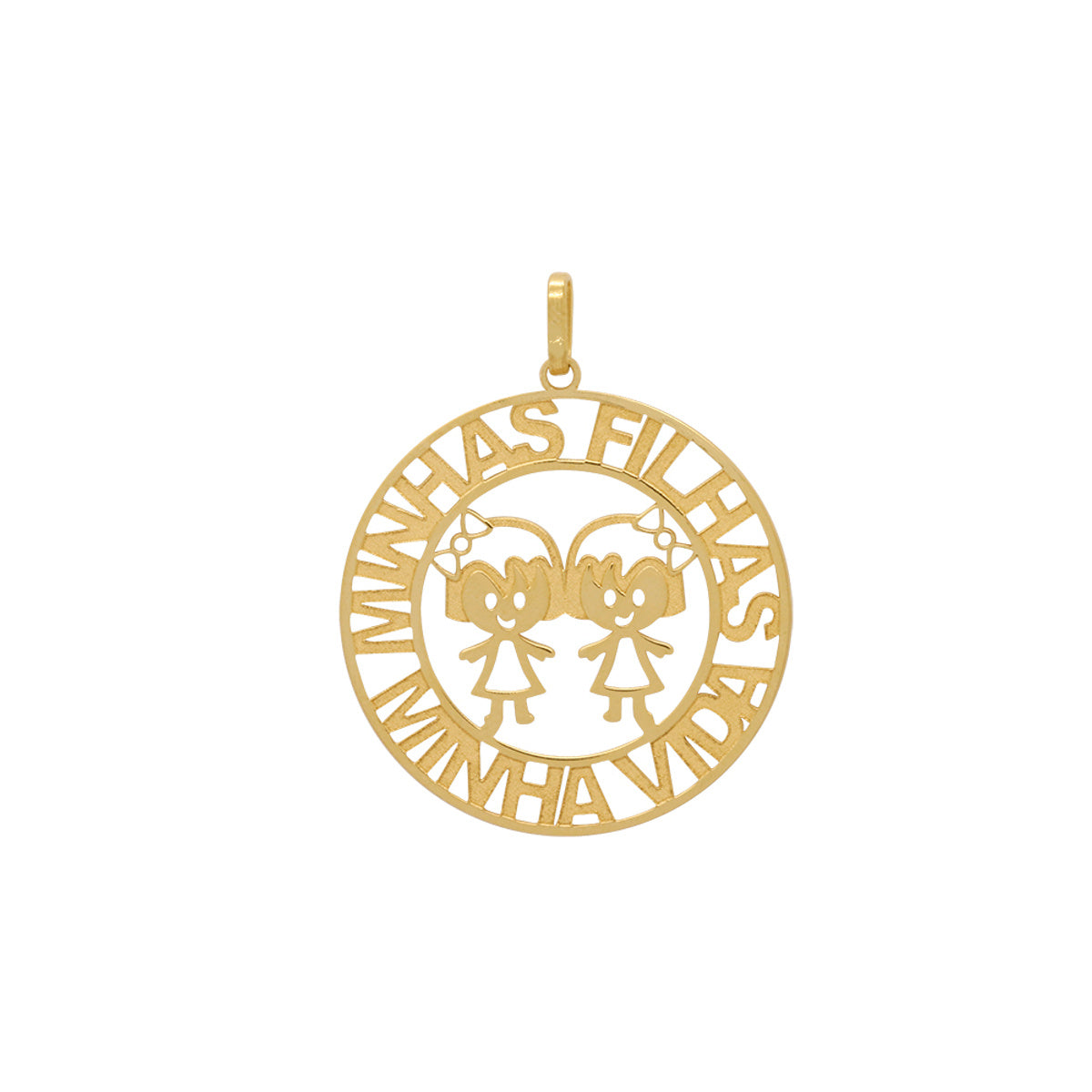 Pingente Mandala Redondo Vazado Trabalhado Fosco " Minhas Filhas Minha Vida" 26 mm em Ouro 18K