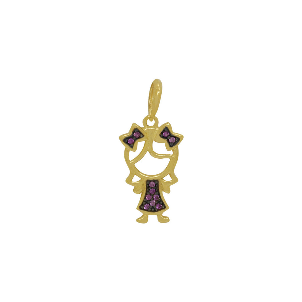 Pingente Menina Zircônias Vermelhas Rodinado em Ouro 18K