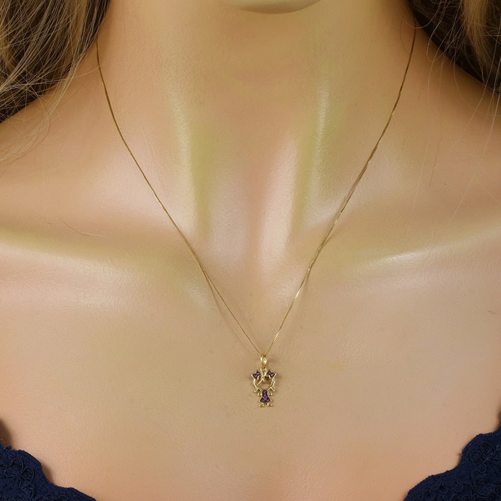 Pingente Menina Zircônias Vermelhas Rodinado em Ouro 18K