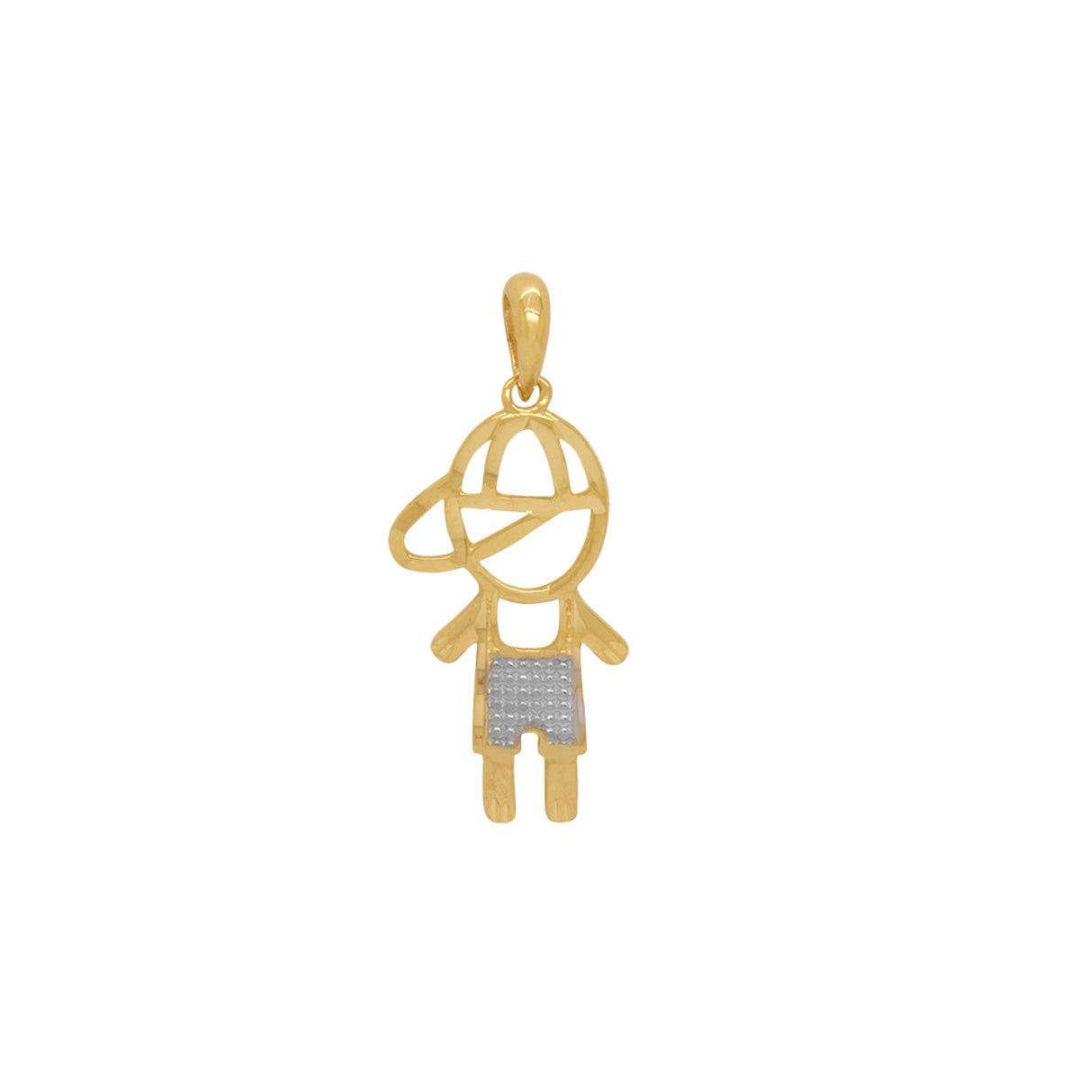 Pingente Menino Grande Roupa Trabalhada Boné Cortes Diamantados em Ouro 18K