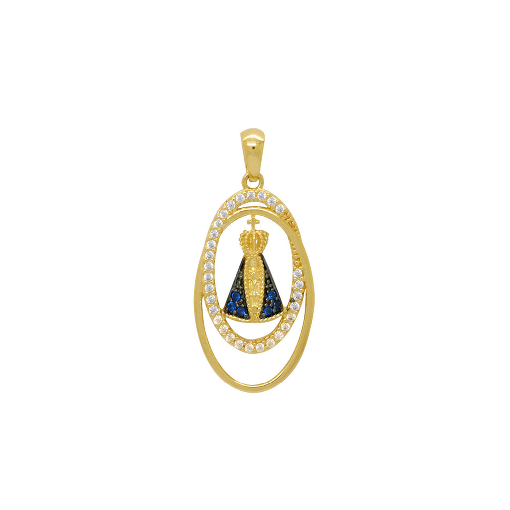Pingente Nossa Sra. Aparecida Oval Fio Duplo Liso e Cravejado Zircônias em Ouro 18K