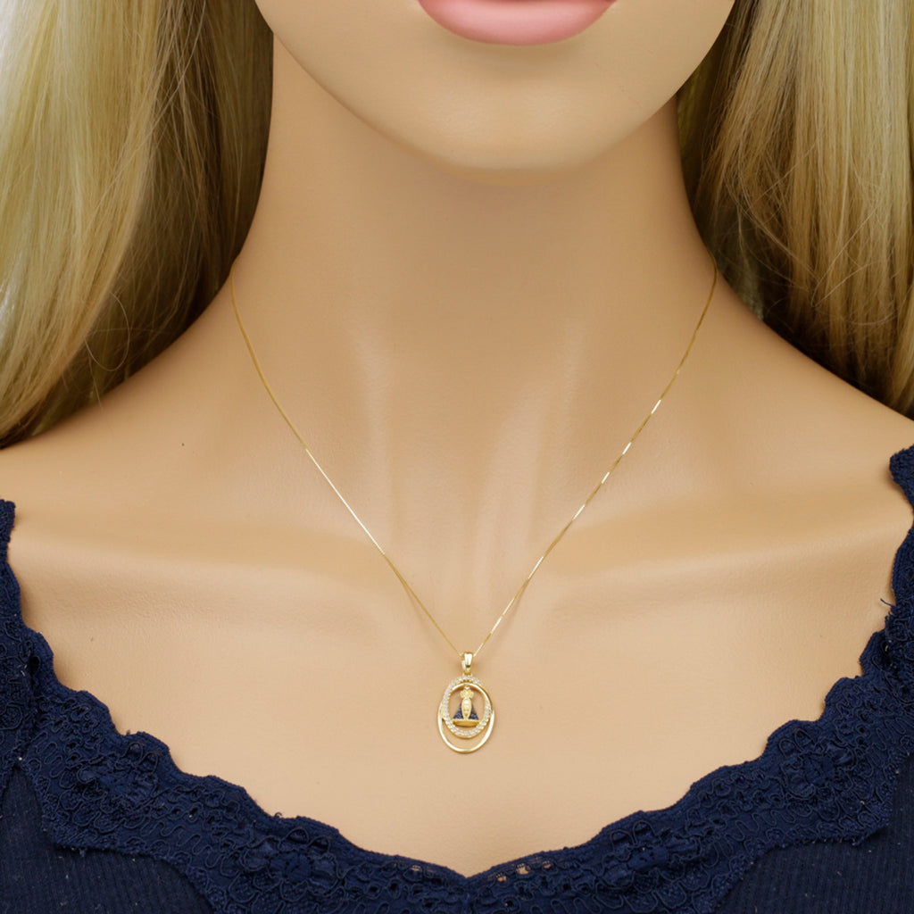 Pingente Nossa Sra. Aparecida Oval Fio Duplo Liso e Cravejado Zircônias em Ouro 18K