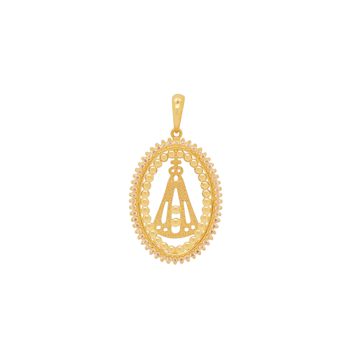 Pingente Nossa Sra. Aparecida Oval Zircônias Brancas em Ouro 18K