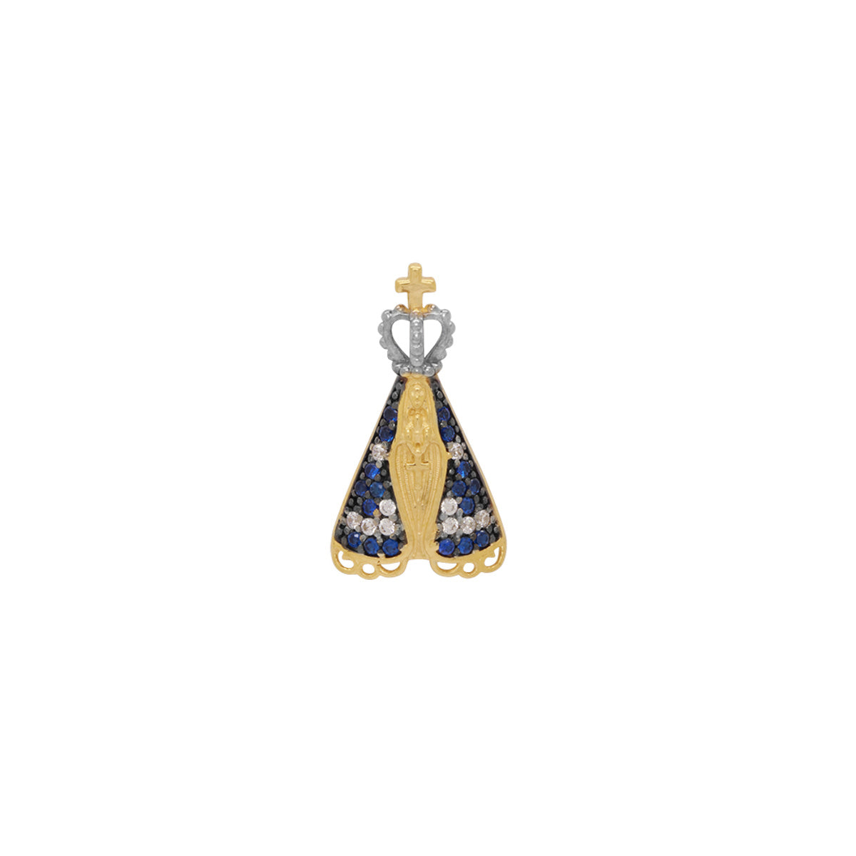 Pingente Nossa Sra. Aparecida Zircônias Azuis Rodinado em Ouro 18K