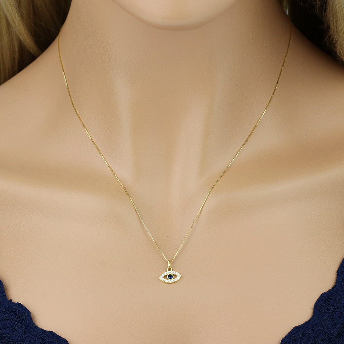 Pingente Olho Grego Vazado Centro Zircônia 2 mm Borda Cravejada em Ouro 18K