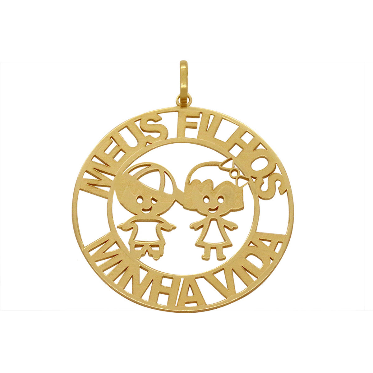 Pingente Redondo Vazado Trabalhado Fosco " Meus Filhos Minha Vida" 26 mm em Ouro 18K