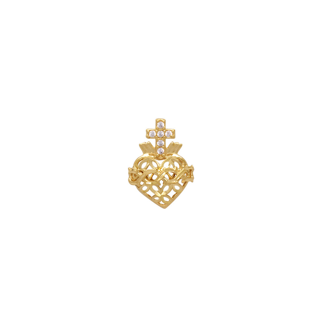 Pingente Sagrado Coração Vazado Cortes Diamantados Cruz Cravejada Zircônias em Ouro 18K