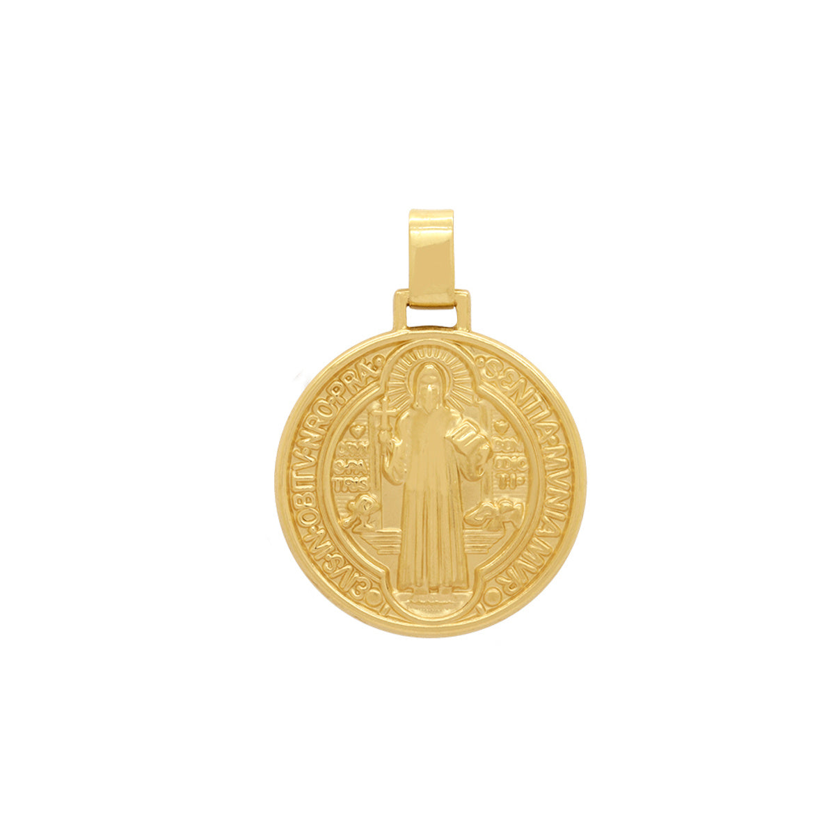 Pingente São Bento Em Pé Redondo Grande em Ouro 18K