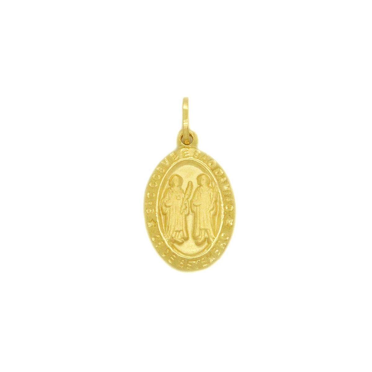 Pingente São Cosme e São Damião Oval Pequeno em Ouro 18K