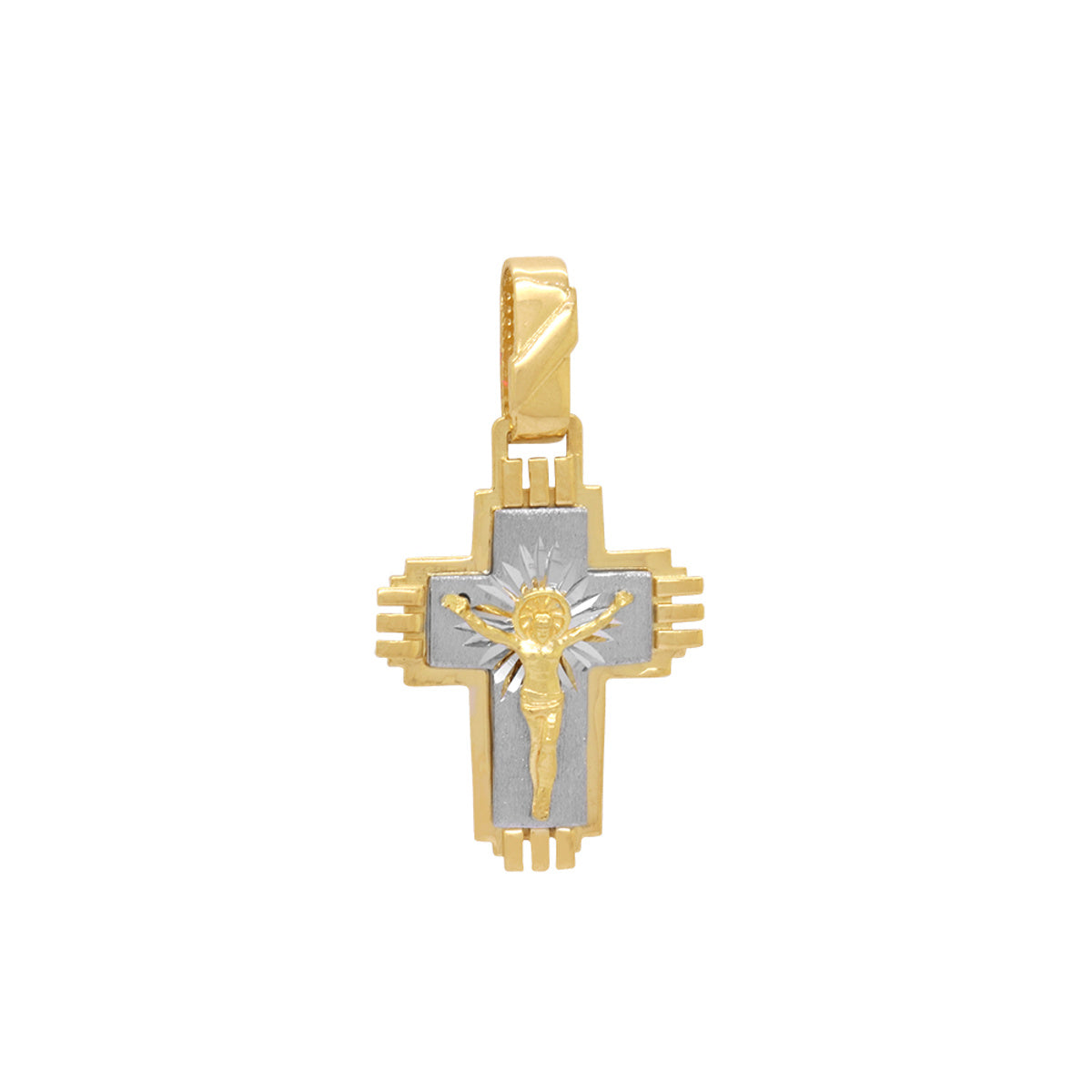 Pingente Cruz Acetinada com Cristo Pontas Trabalhadas em Ouro 18K Bicolor