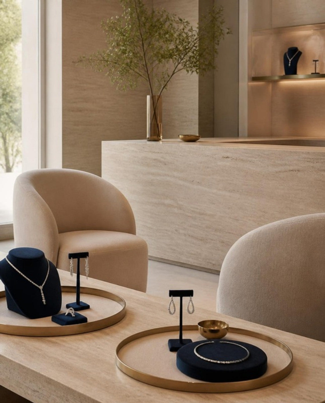 Boutique de joalheria minimalista em travertino com bandejas nude e mostruários azul-marinho